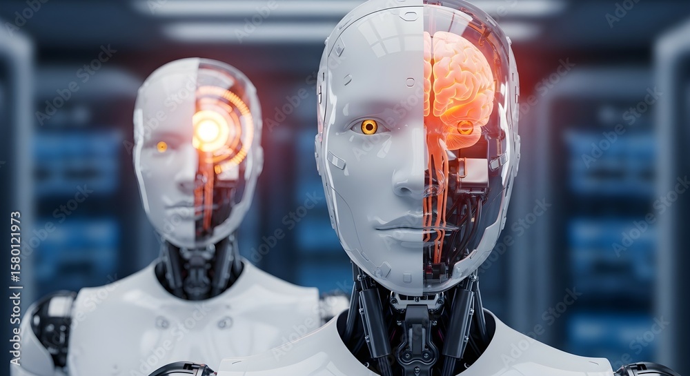 Poster Close up of an advanced humanoid robot with glowing brain. Artificial intelligence development concept. Machine learning research.