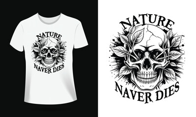 Skull with Green Leaves Vector T-Shirt Design – Botanical Grunge Art with Vines