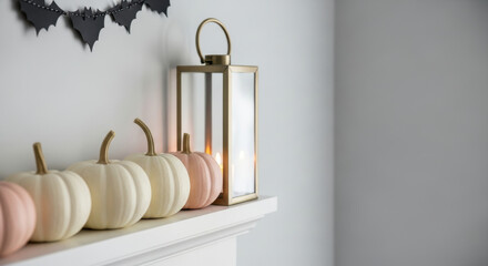 Minimalist autumn home mantel decor with white and pink pumpkins, gold candle lantern, and black bat garland for a modern cozy halloween celebration