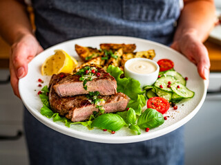 Woman holding plate with grilled beef steak with baked potato wedges and fresh vegetables, close-up