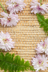 Flat lay of soft pink chrysanthemum flowers and fresh green fern leaves arranged on a natural woven straw mat with copy space in the center. for text or product placement