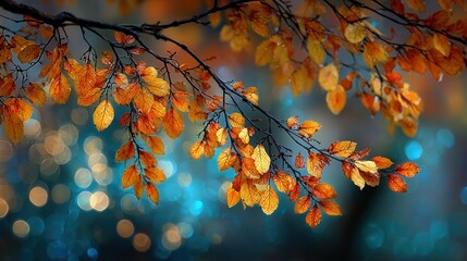 Autumn leaves on a branch with bokeh