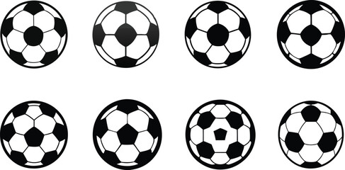 Black and white soccer ball icons collection, isolated vector elements