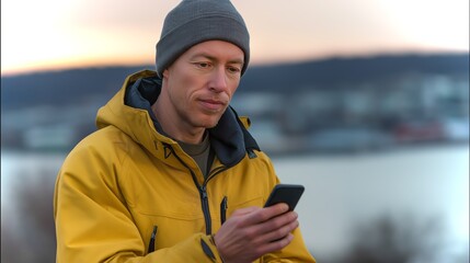 Man in yellow jacket using smartphone by a body of water during sunset in a tranquil setting