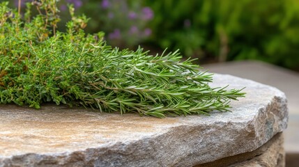Empty stone table and grass with background of garden. Ready for product display	
