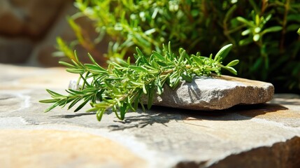 Empty stone table and grass with background of garden. Ready for product display	
