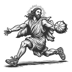 Obraz premium Jesus in motion, dribbling a basketball while wearing robes and sneakers with radiant halo sketch engraving generative ai fictional character raster illustration. Scratch board. Black and white image.