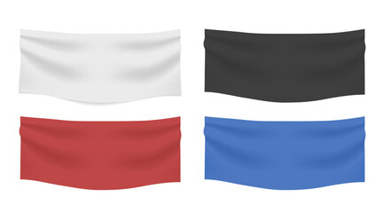 Set of hanging fabric banners in white black blue and red colors with realistic folds and texture isolated on transparent background perfect for advertising design
