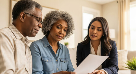 Confident financial advisor meeting with focused senior couple discussing retirement planning and reviewing important documents together in bright modern living room