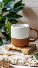 Mug mockup, with a wooden slice base with a green plant in the back of the scene