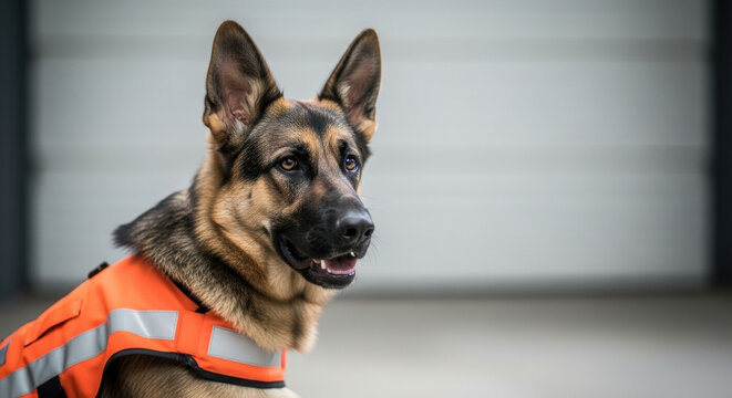 Focused german shepherd wearing bright orange safety vest looks alert and attentive outdoors, ready for search rescue or assistance work in urban environment - Powered by Adobe