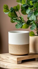 Mug mockup, with a wooden slice base with a green plant in the back of the scene