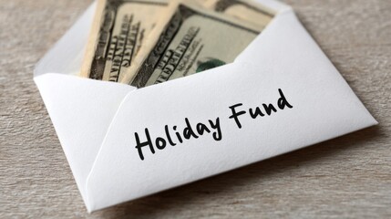 An envelope labeled "Holiday Fund" shows saving for a future goal. The concept of budgeting and cash envelopes for financial planning.