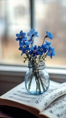 Piano, sheet music and blue flowers in glass jar on table