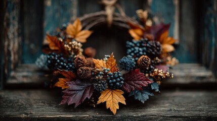 Autumn wreath on a weathered door