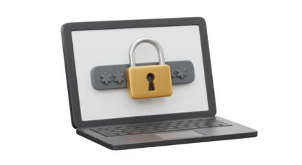 3d Laptop Security with Golden Padlock Data Protection Transparent