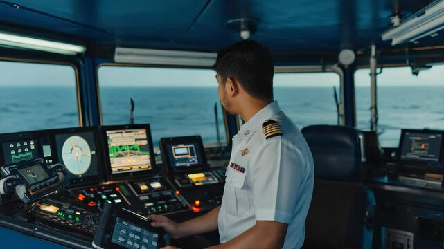 Captain meticulously reviews a digital nautical chart to assess nearby vessels and storm warnings while navigating the vast ocean from the bridge of an oil tanker