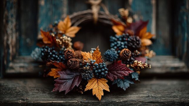 Autumn wreath on a weathered door
