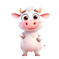 A charming cartoon cow with soft pink spots and a gentle expression stands with its hands on its hips, isolated on a transparent background