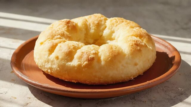 Torta frita, Argentinian fried bread, Served with a light dusting of sugar on a rustic plate, Warm golden tones, Afternoon sunlight casting gentle shadows, Light and crispy
