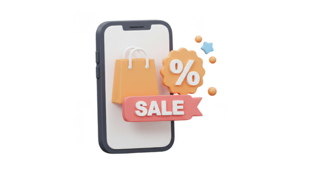 3D Mobile Sale Discount Offer with Shopping Bag Illustration PNG