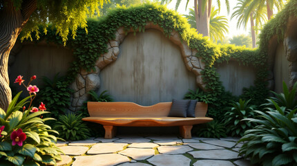 Wooden bench nestled in tropical retreat with stone path, orchid flower, and natural greenery in calming light