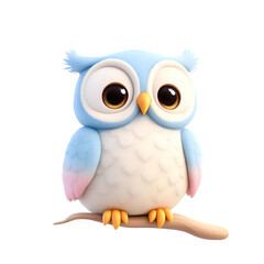 A charming cartoon baby owl with big eyes and fluffy feathers sits on a branch, isolated on a transparent background
