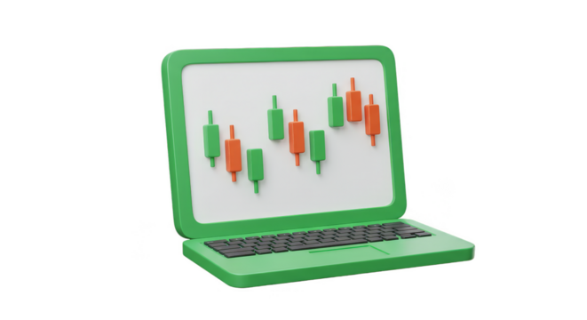 3d Laptop with Trade Chart Investment Market Candlestick Illustration
