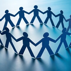 A circle of blue paper cutouts representing people holding hands. The scene symbolizes unity, teamwork, and collaboration in a minimalist design.
