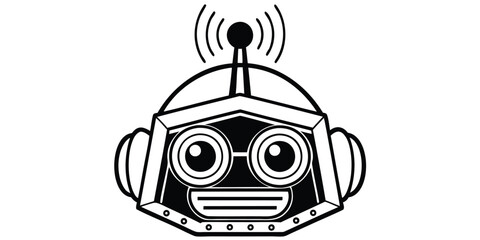 Illustration of a stylized robot head with antenna and circular eyes in black and white design style