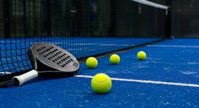 Paddle tennis racket and balls on a blue court.