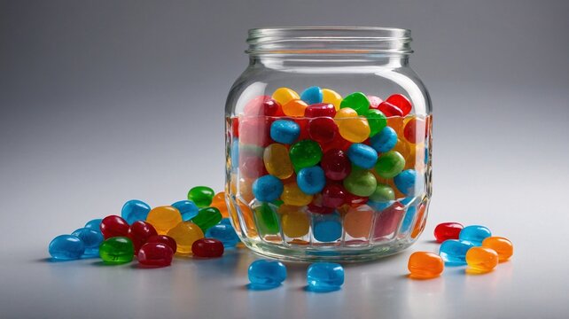Bright glass jar filled with colorful candy, showcasing an assortment of jelly beans in vibrant hues. - Powered by Adobe