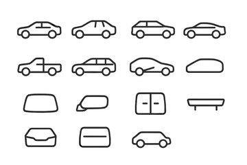 Obraz premium Silhouettes of various car models and car parts on dark background