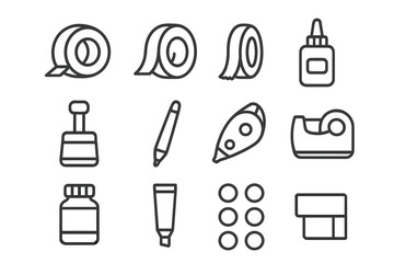 Stationery icon set featuring tape, glue, pen, scissors, and office supplies