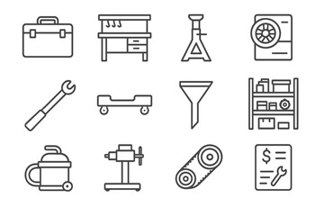 Automotive tools icon set with wrench, workbench, and tire tools
