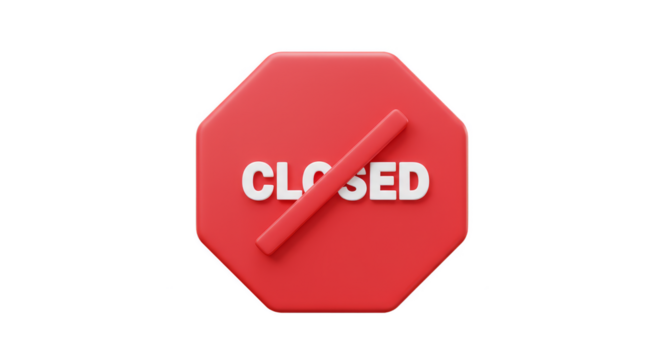 3D Red Closed Sign Octagon Block Transparent Background Isolated