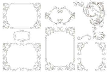 Decorative design set featuring flourish borders, corner elements, and frames, ideal for invitations, menus, and page embellishments. Perfect for enhancing layouts with elegant vector details.