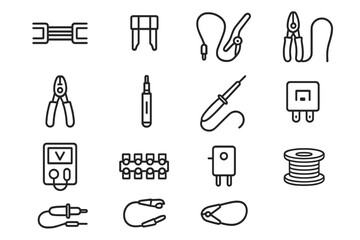 Electrical tools icons: wire, voltmeter, plier, socket, soldering iron