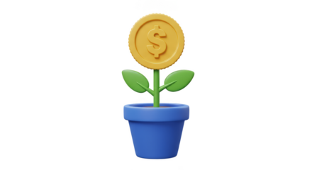 3D Illustration Coin Plant in Blue Pot for Financial Growth