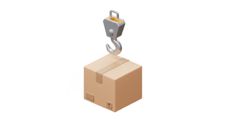 3D Illustration Crane Hook Lifts Brown Box Cargo on Transparent Background