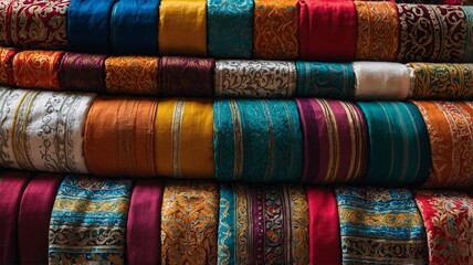 Vibrant display of intricately designed fabrics showcasing rich colors and patterns.