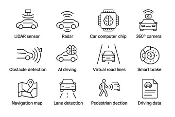 Autonomous vehicle technology icons: lidar, radar, ai driving, smart brake, navigation