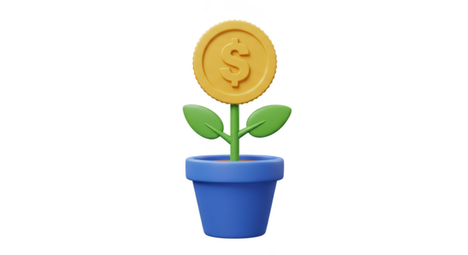 3D Illustration Coin Plant in Blue Pot for Financial Growth