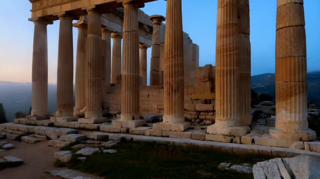 Erechtheion temple on the acropolis of athens changing colors at sunset