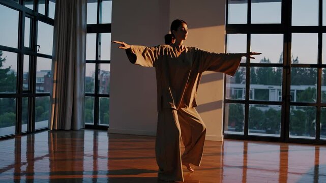 Indoor tai chi session with calm energy. Woman moves slowly in yoga-style flow. Meditation and tai chi blend in harmony. Balance seen in peaceful movement. Grace and woman in control.