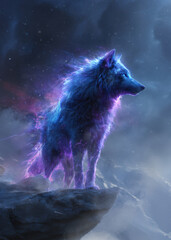 epic glowing wolf with radiant blue and purple neon fur, standing on a cliff in a cosmic storm, mystical particles, fantasy energy aura, highly detailed