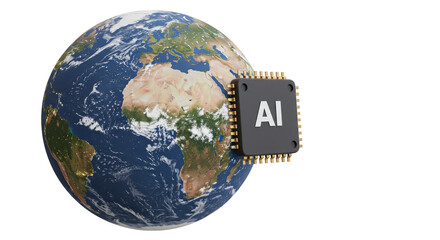 3d Illustration of AI Chip on Earth Globe Transparent Background