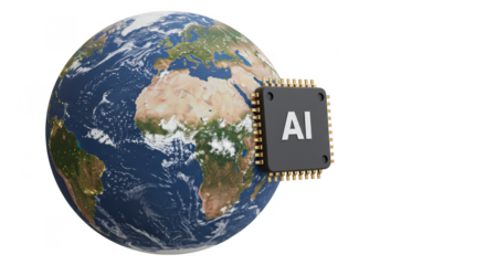 3d Illustration of AI Chip on Earth Globe Transparent Background