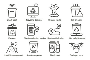 Obraz premium Smart waste management icons: recycling, organic, e-waste, and drone technology