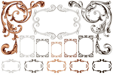 Decorative design set featuring flourish borders, corner elements, and frames, ideal for invitations, menus, and page embellishments. Perfect for enhancing layouts with elegant vector details.
